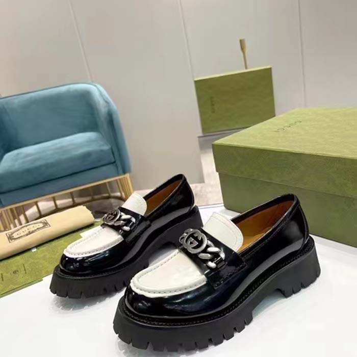 Gucci Unisex GG Loafer Interlocking G Black Off White Leather Rubber Lug Mid 4.3 CM Heel