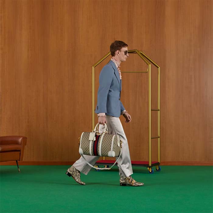 Gucci Unisex Ophidia Medium Duffle Bag Beige Ebony GG Supreme Canvas Double G