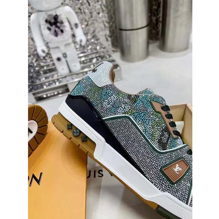 Louis Vuitton LV Unisex Trainer Sneaker Khaki Green Strass Rubber Monogram Flowers
