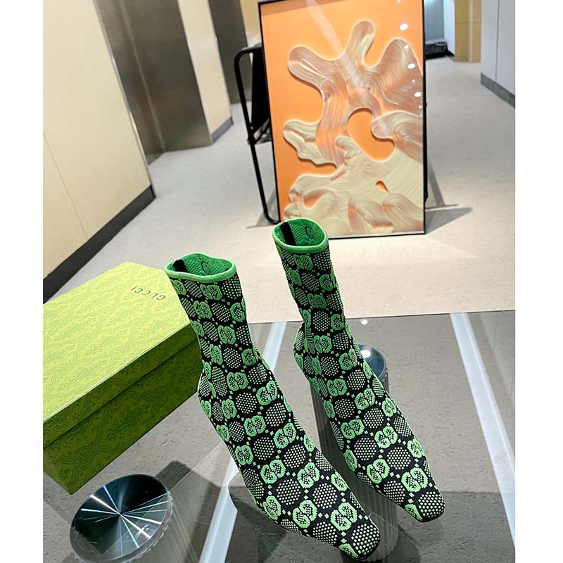 Gucci Women GG Knit Ankle Boots Black Green GG Technical Fabric Leather Mid-Heel