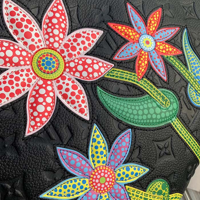 Louis Vuitton LV Women LV x YK OnTheGo MM Black Embossed Grained Monogram Cowhide Leather Flower