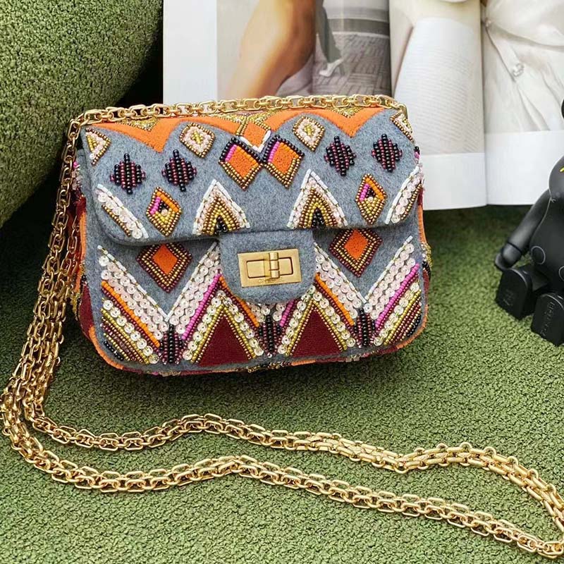 Chanel Women CC Only 1 Bag Set Of 4 Minis Bags Blue Lambskin Sequins Glass Pearls