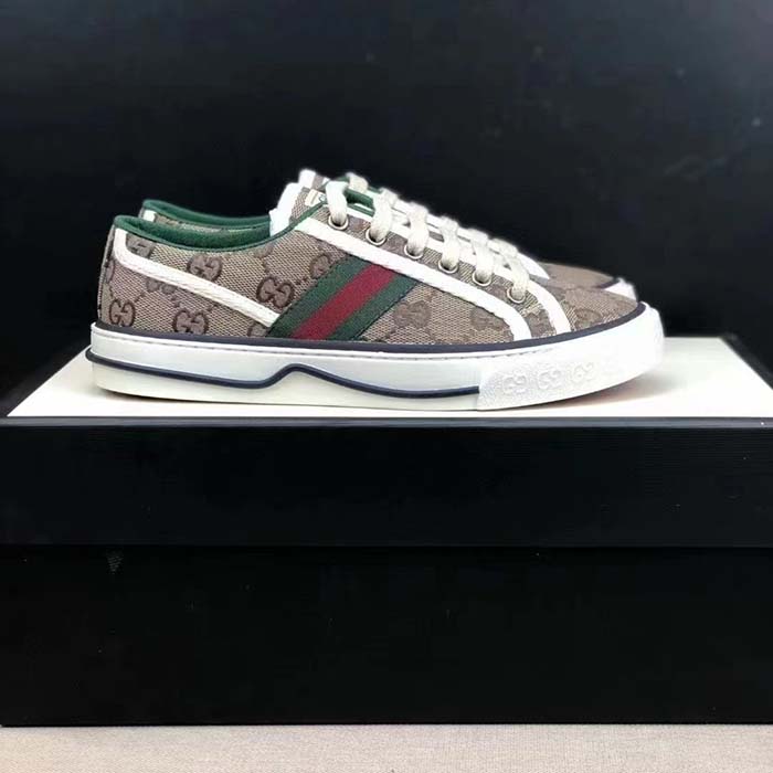 Gucci Unisex Tennis 1977 Sneaker Beige Ebony Original GG Canvas Rubber Sole Flat