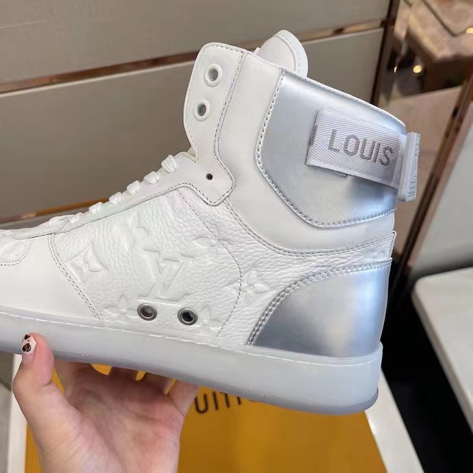 Louis Vuitton LV Unisex Rivoli Sneaker Boot Silver White Calf Leather Monogram Canvas