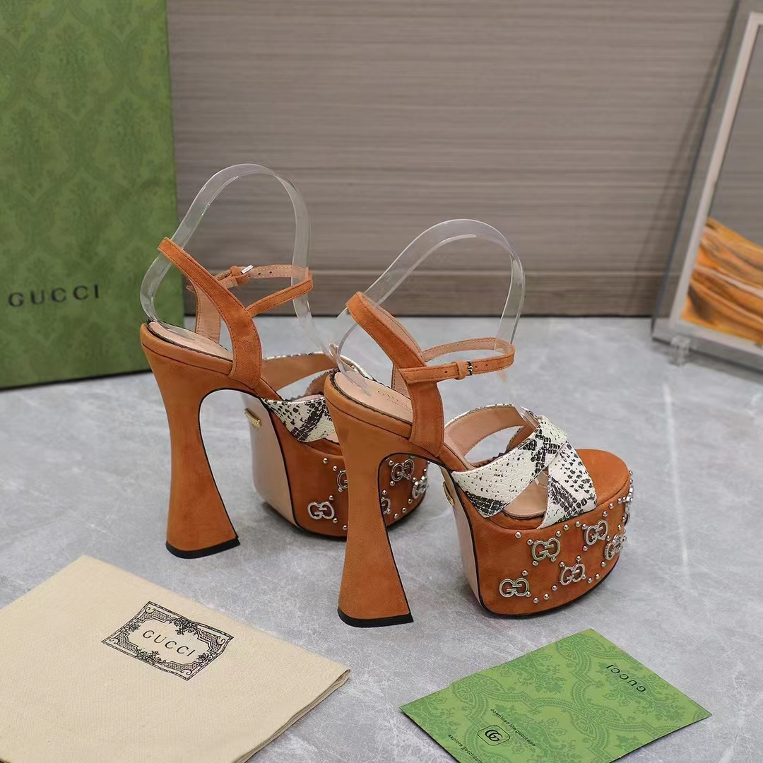 Gucci Women GG Interlocking G Studs Sandal Python Print Leather Camel Suede 15 Cm Heel