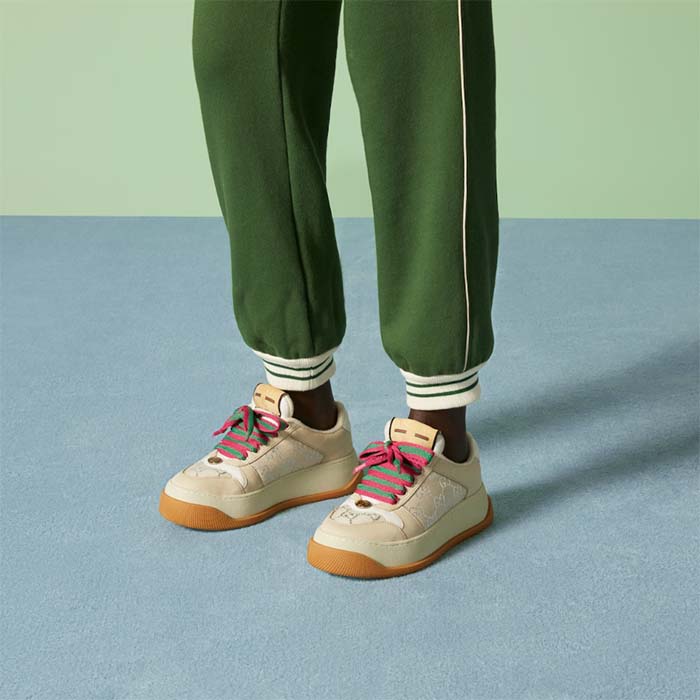 Gucci Unisex Screener Sneaker White GG Lamé Canvas Chunky Laces 4.8 CM Heel