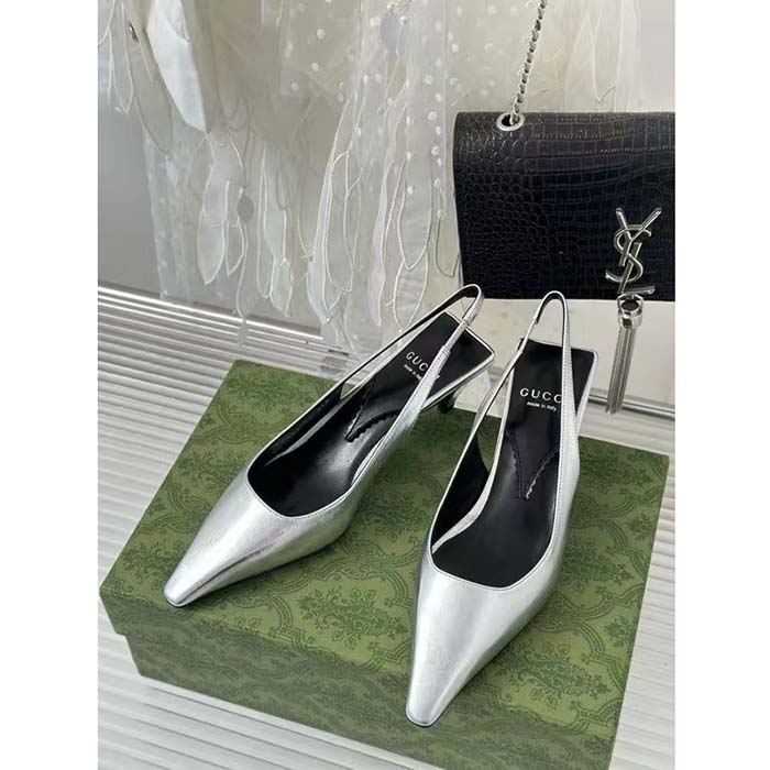 Gucci Women GG Slingback Pump Metallic Silver Leather Interlocking G Square Upper Mid-Heel