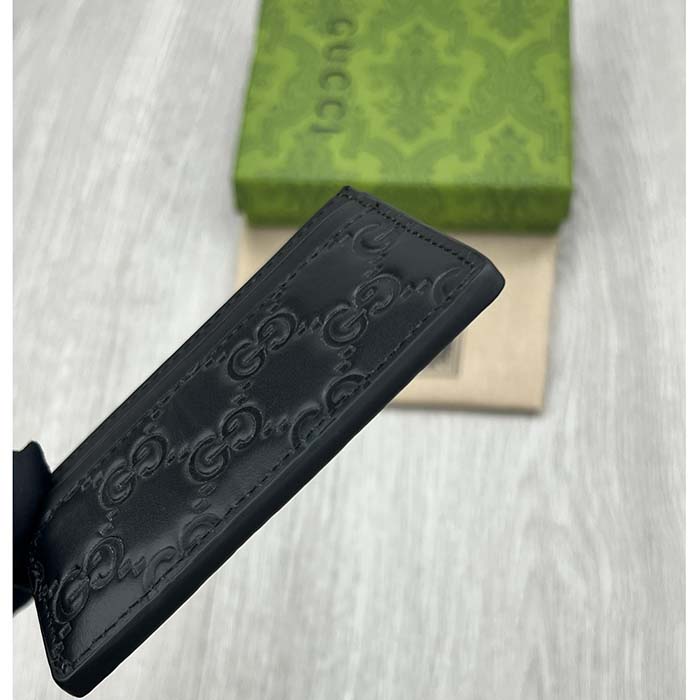 Gucci Unisex GG Gucci Signature Card Case Black Leather Metal Four Card Slots