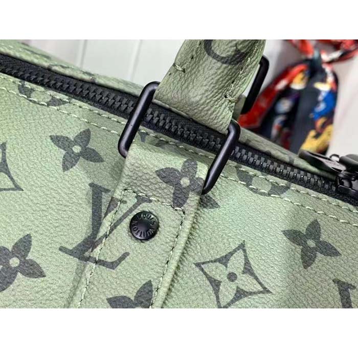 Louis Vuitton LV Unisex Keepall Bandoulière 55 Khaki Green Vermillion Red Monogram Canvas