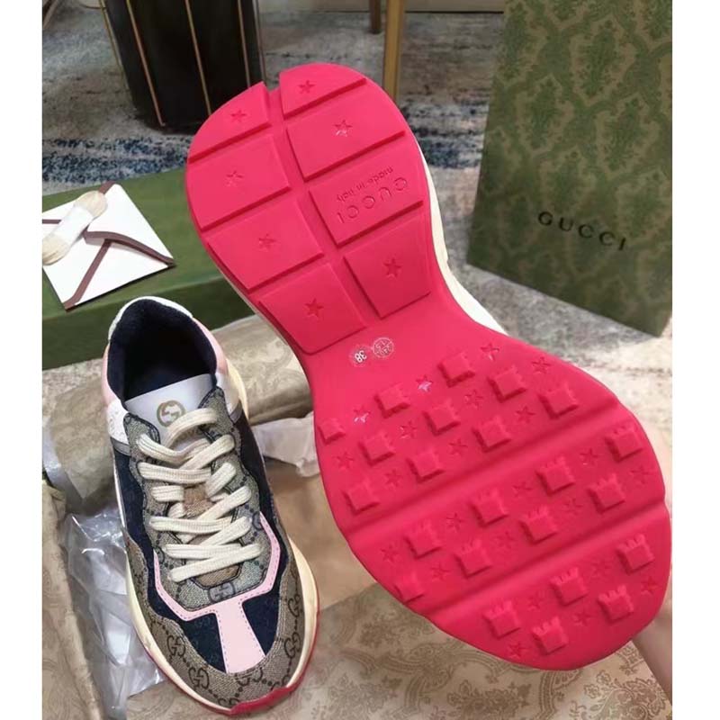 Gucci Women GG Rhyton Sneaker Beige Ebony Blue Supreme Canvas Low 4 cm Heel