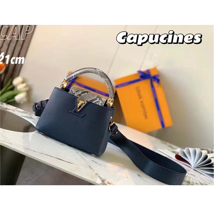 Louis Vuitton LV Women Capucines Mini Handbag Navy Taurillon Leather Python Skin