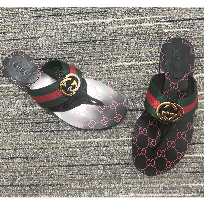 Gucci Unisex GG Thong Web Sandal Interlocking G Leather Sole Square Toe Flat