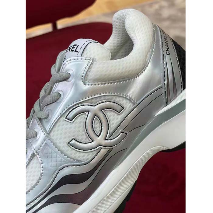 Chanel Women CC Sneakers Fabric Laminated White Silver 1 Cm Heel