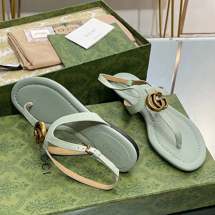 Gucci Women GG Double G Thong Sandal Light Green Leather Flat 0.5 CM Heel