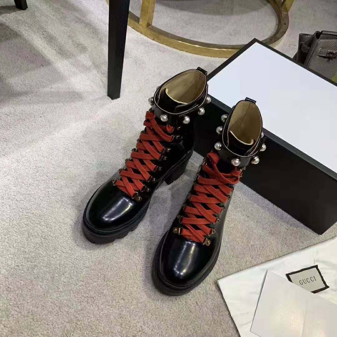 Gucci Women Leather Ankle Boot with Red Laces in Black Shiny Leather