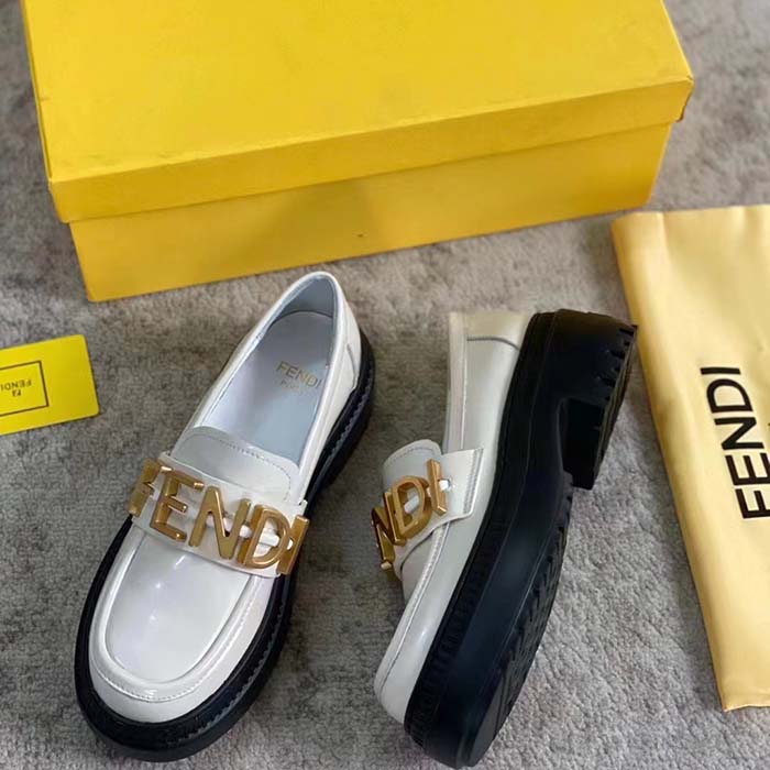 Fendi Women FF Fendigraphy White Leather Loafers 5 Cm Heel