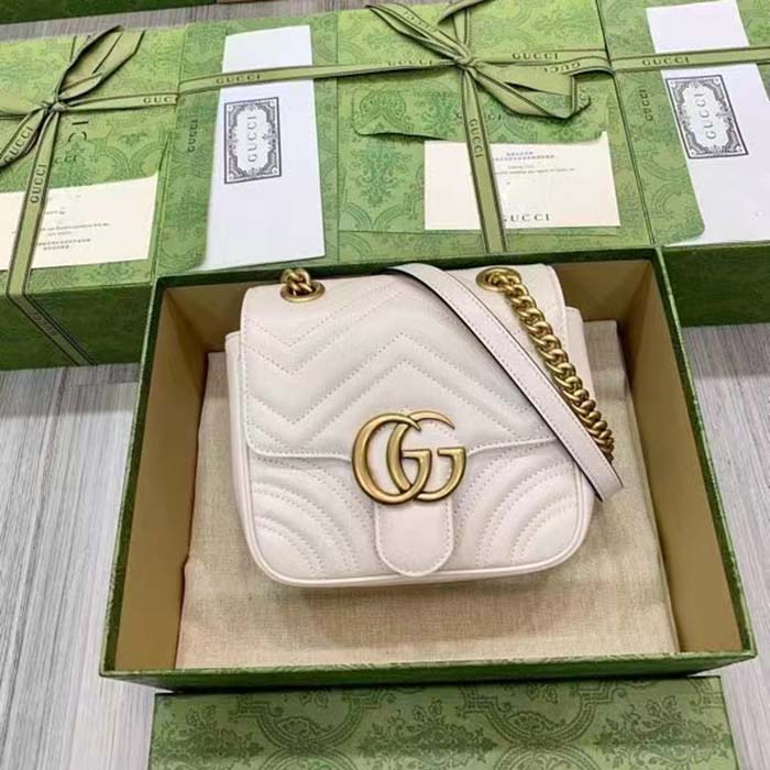 Gucci Women GG Marmont Matelassé Mini Shoulder Bag White Chevron Leather