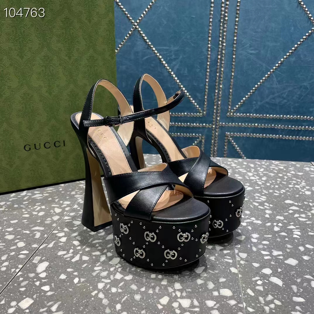 Gucci Women GG Interlocking G Studs Sandal Black Leather Spool High 15 Cm Heel