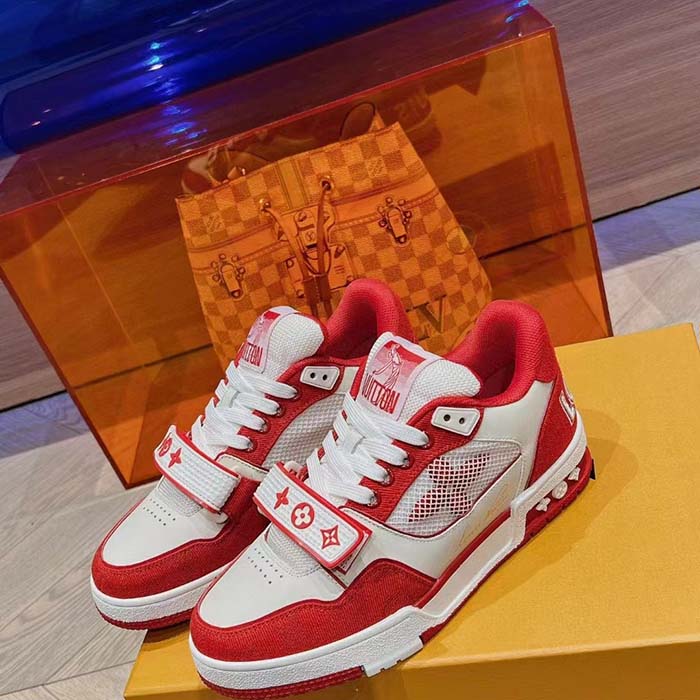 Louis Vuitton LV Unisex LV Trainer Sneaker Red Monogram Denim Rubber Outsole
