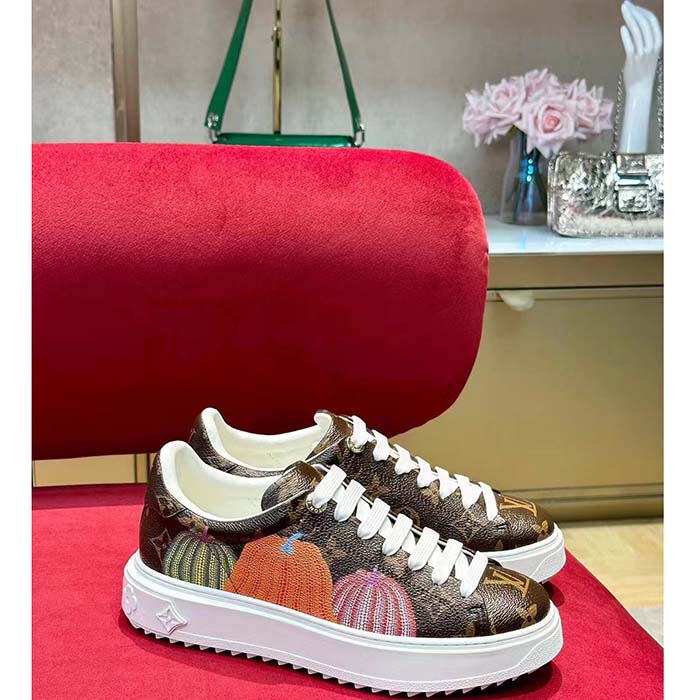 Louis Vuitton Women LV Time Out Sneaker Brown Printed Patent Monogram Canvas Flowers