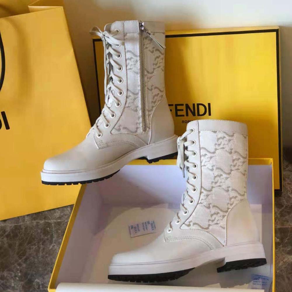 Fendi Women Signature White Leather Biker Boots