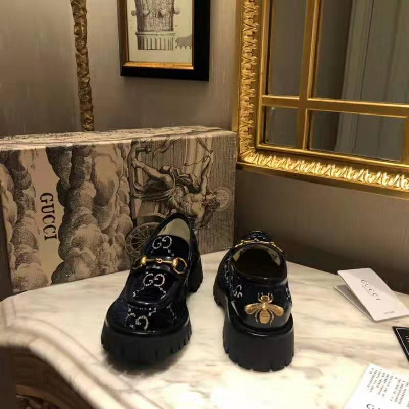 Gucci Women GG Velvet Lug Sole Loafer in GG Velvet 2.5 cm Heel-Navy