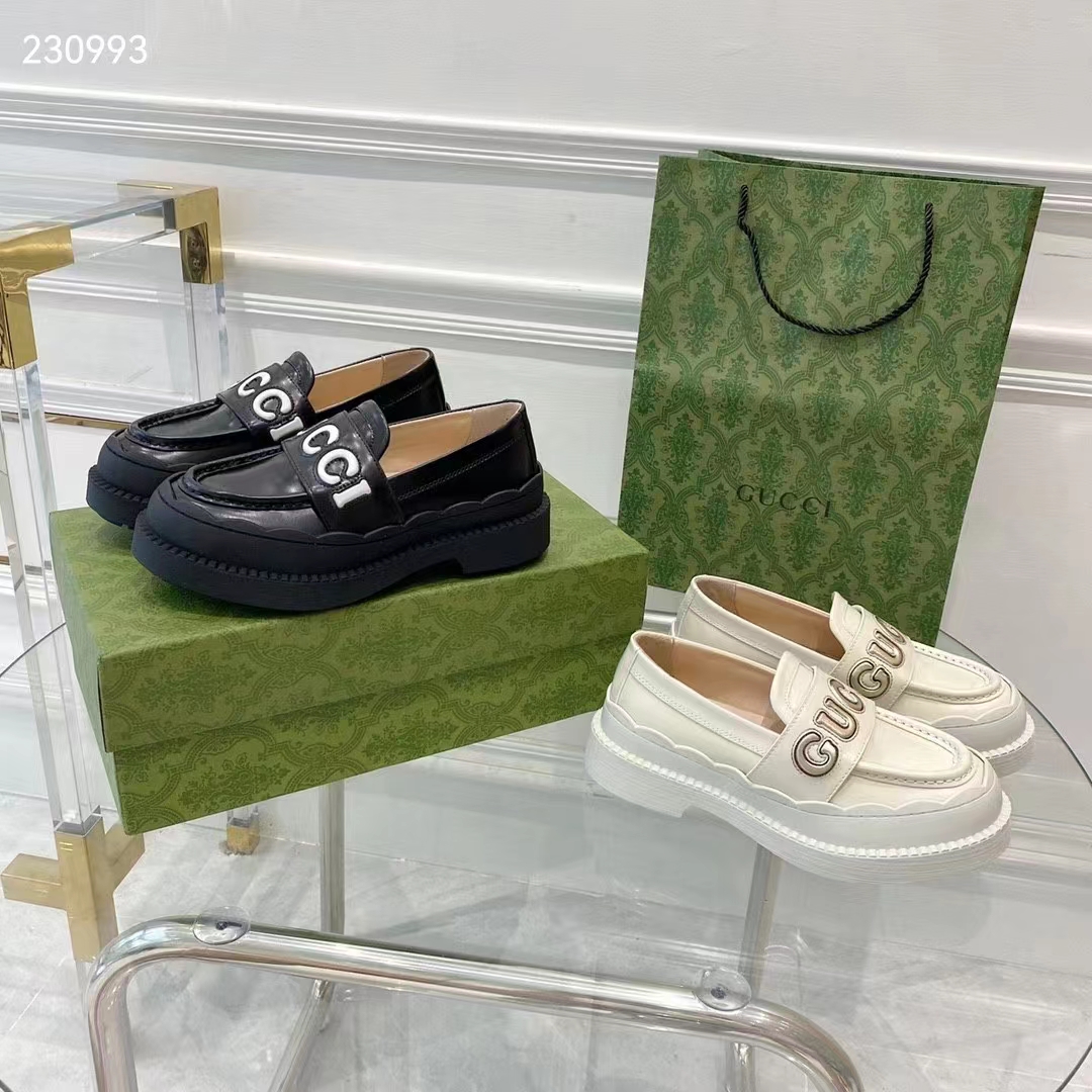 Gucci GG Women Gucci Loafer White Metallic Leather Scalloped Script Rubber Sole Mid-Heel