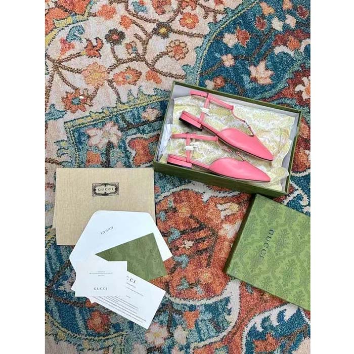 Gucci Women GG Double G Ballet Flat Pink Leather Square Toe 1.5 CM Heel