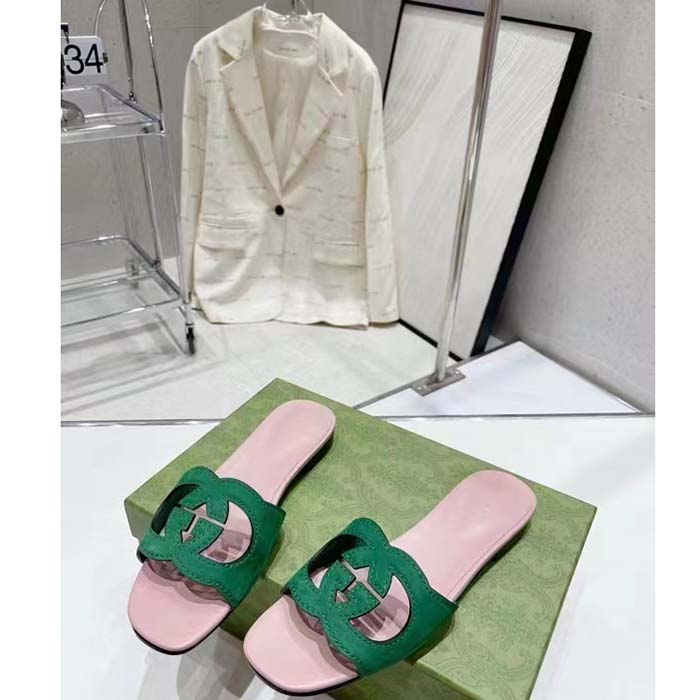 Gucci Unisex Interlocking G Cut-Out Slide Sandal Green Pink Suede Flat
