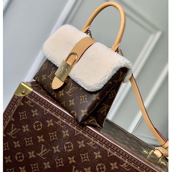 Louis Vuitton LV Women Locky BB Handbag Beige Brown Monogram Coated Canvas Shearling