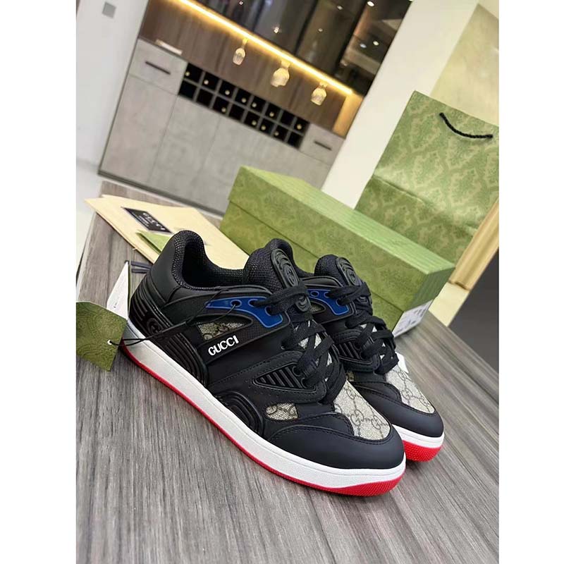 Gucci Unisex GG Basket Sneaker Interlocking G Black Beige Ebony GG Supreme Canvas