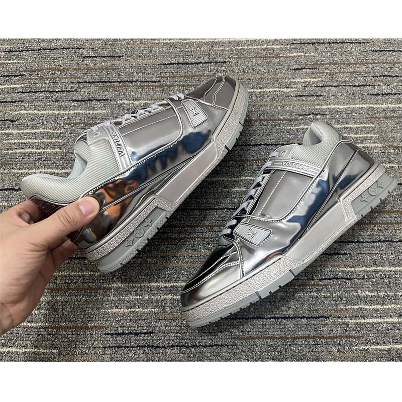 Louis Vuitton Unisex LV Trainer Sneaker Silver Metallic Canvas Rubber Outsole Monogram Flowers