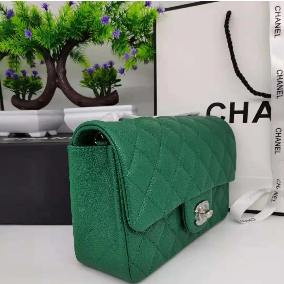 Chanel Women Classic Handbag in Lambskin Leather-Green