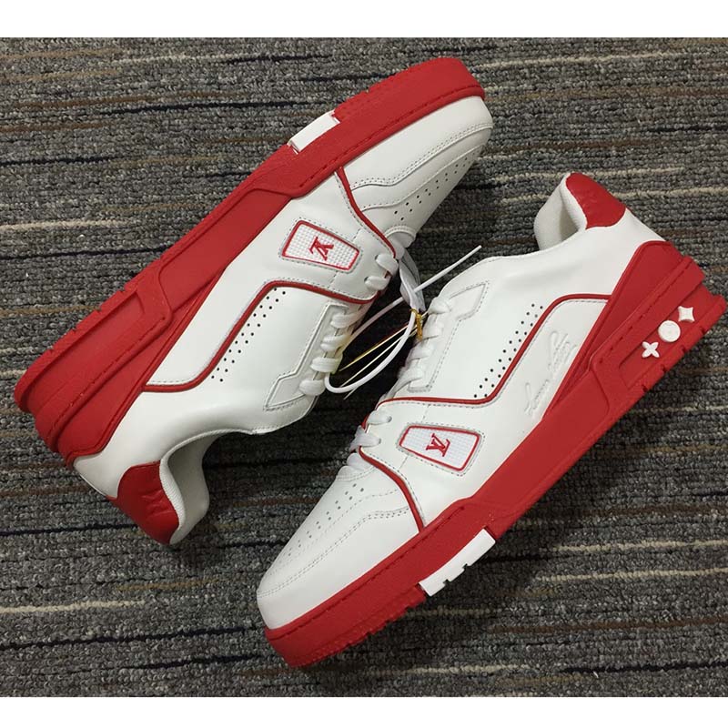 Louis Vuitton LV Unisex Trainer Sneaker Red White Calf Leather Rubber Monogram Flowers