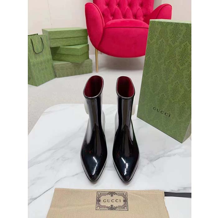 Gucci Women Interlocking G Ankle Boot Black Shiny Rubber Matte Point Toe Low-Heel
