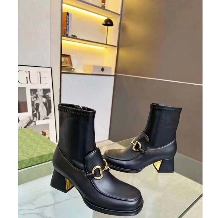 Gucci Women Boot Horsebit Black Smooth Stretch Leather Gold Plated Block Mid Heel