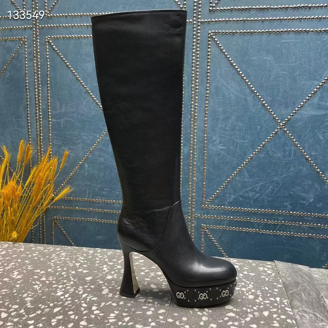 Gucci Women Platform Boot GG Studs Black Leather Spool High 11.4 CM Heel