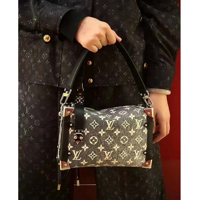 Louis Vuitton LV Women Side Trunk Handbag Gray Denim Textile Jacquard