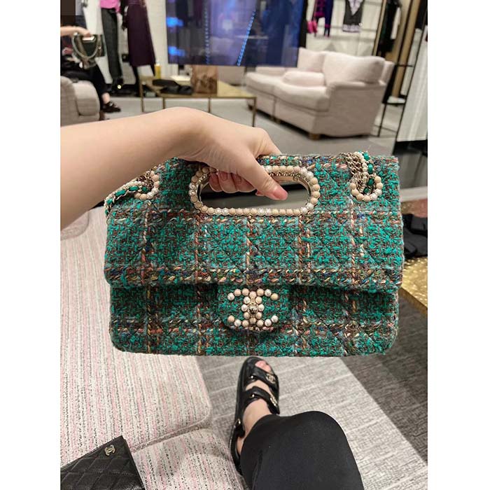 Chanel Women CC Large Flap Bag Top Handle Wool Silk Tweed Glass Wooden Pearls