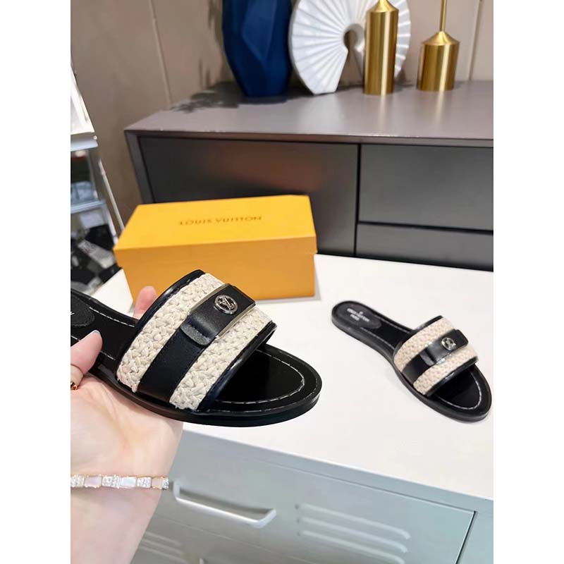 Louis Vuitton LV Women Lock It Flat Mule Black Raffia Calf Leather