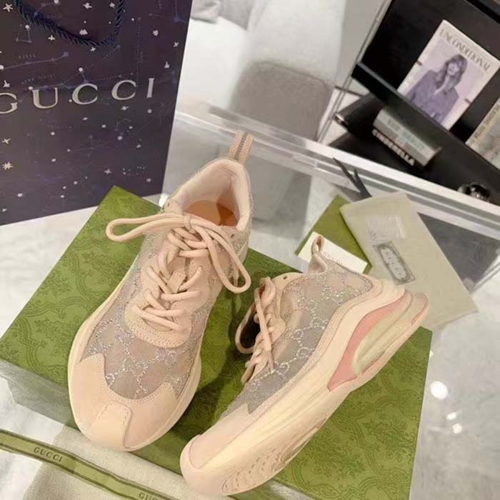 Gucci Women GG Gucci Run GG Crystal Mesh Sneaker Pink Suede Mid 6 CM Heel