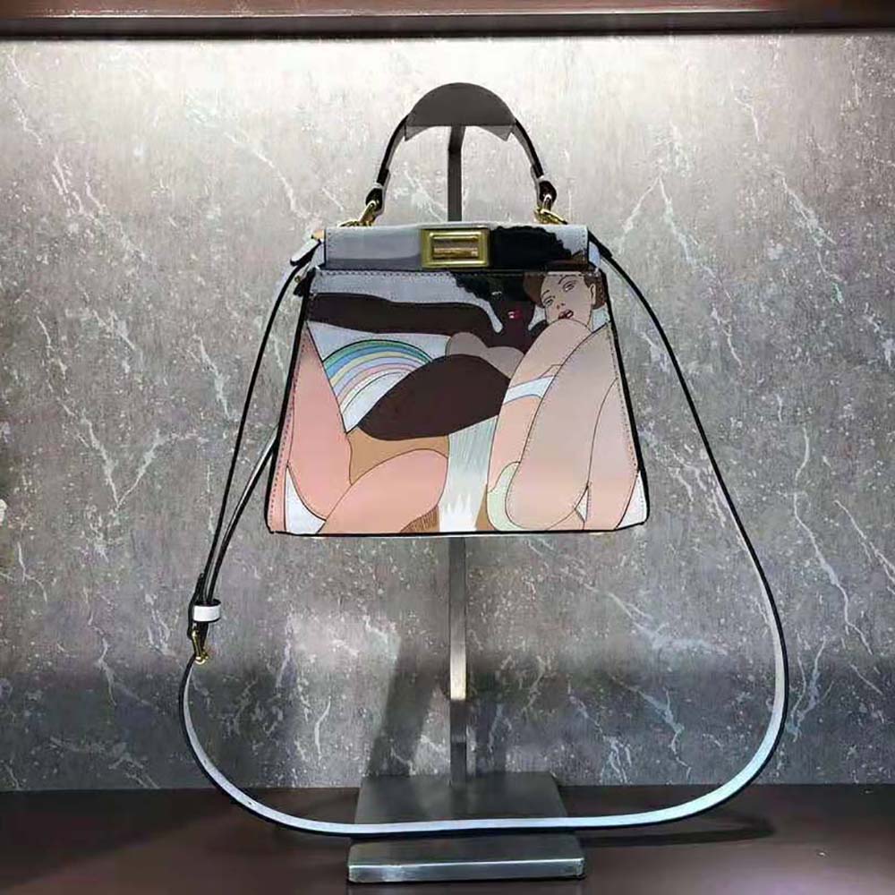 Fendi Women Peekaboo Iconic Mini FF White Glazed Fabric Bag with Inlay