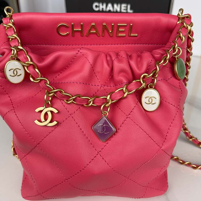 Chanel Women CC Small Bucket Bag Lambskin Resin Gold-Tone Metal Pink