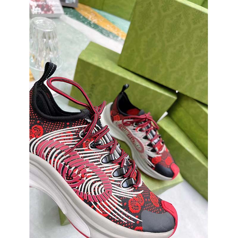 Gucci Unisex GG Run Sneaker Black Red Technical Knit Fabric Rubber Interlocking G
