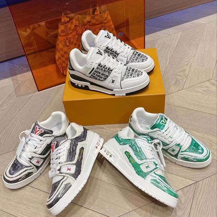 Louis Vuitton LV Unisex Trainer Sneaker Green Printed Calf Leather Rubber Outsole Monogram Flowers