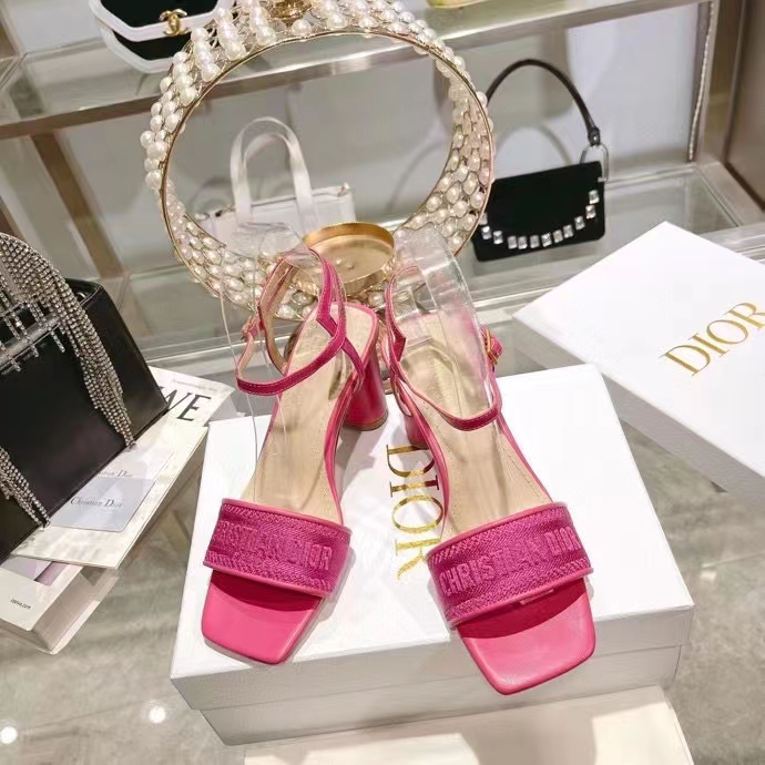 Dior Women CD Dway Heeled Sandal Rani Pink Embroidered Satin Lambskin