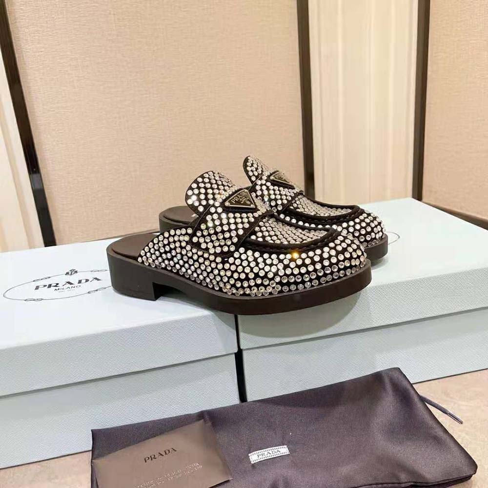 Prada Women Satin Mules with Crystals in 40mm Heel Height-Black