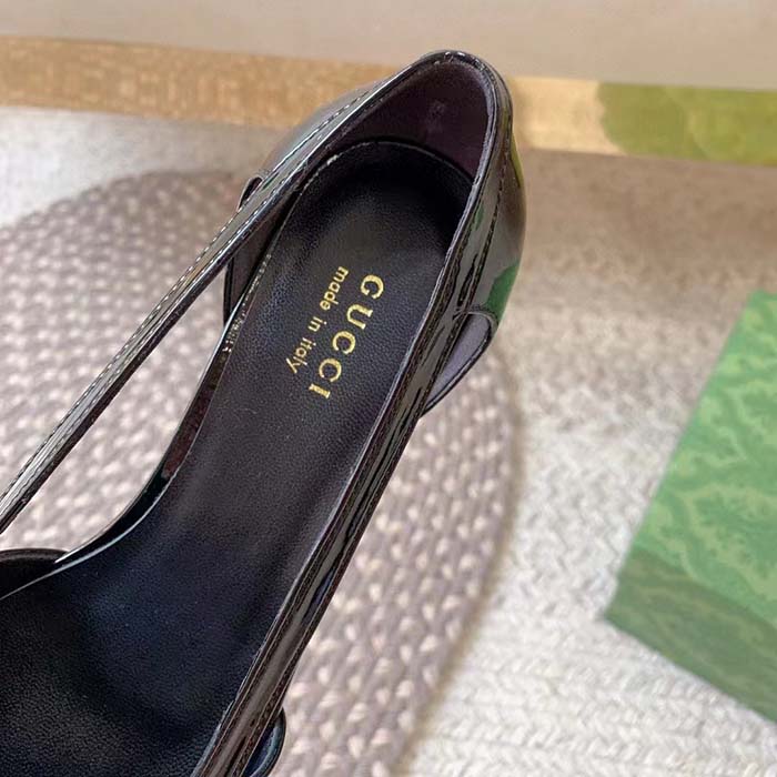 Gucci Women Pump GG Canvas Black Patent Leather Bow Leather Sole Cut-Out Block Heel