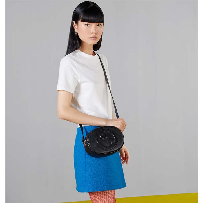 Gucci Women GG Blondie Mini Shoulder Bag Black Leather Round Interlocking G Patch