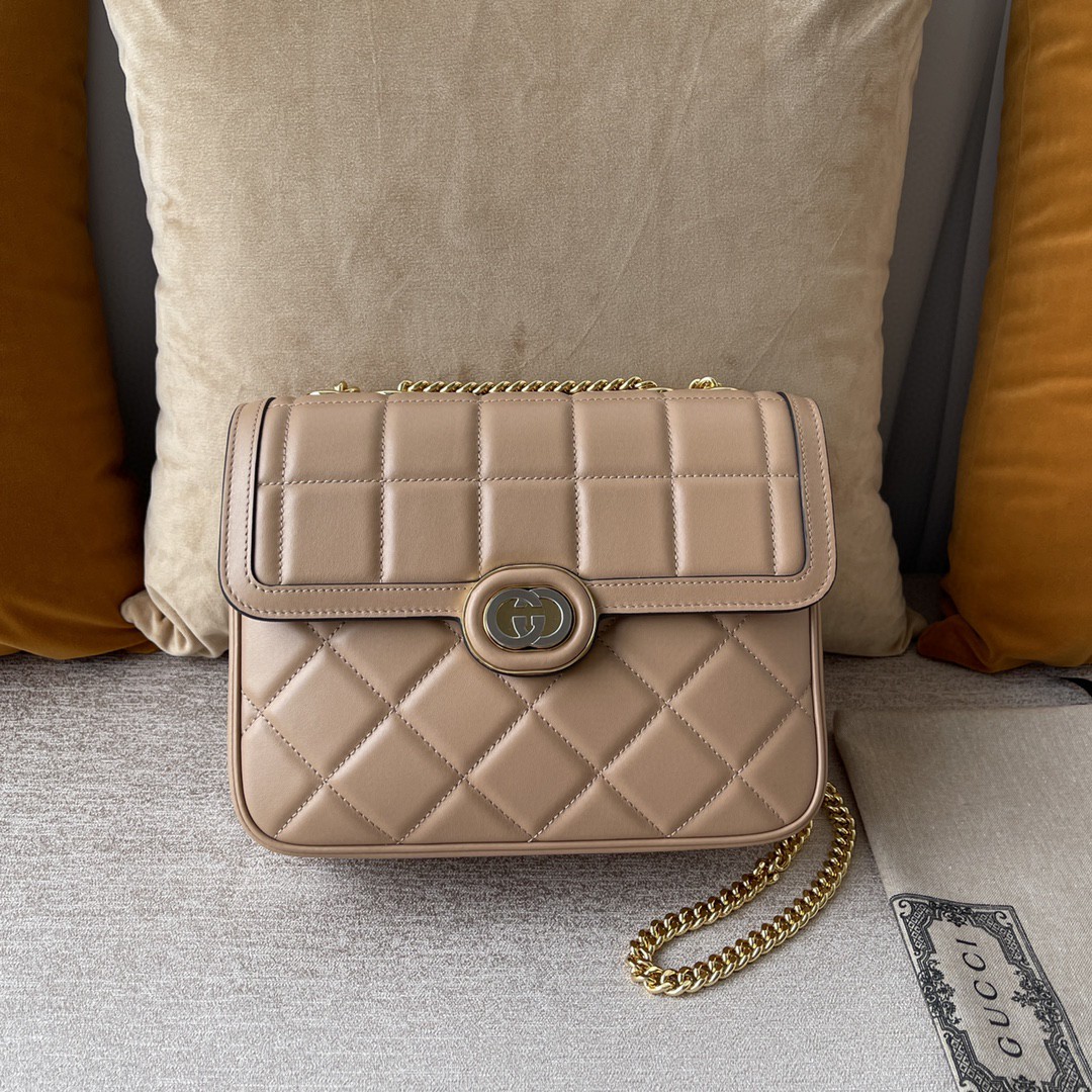 Gucci Women GG Deco Small Shoulder Bag Rose Beige Quilted Leather